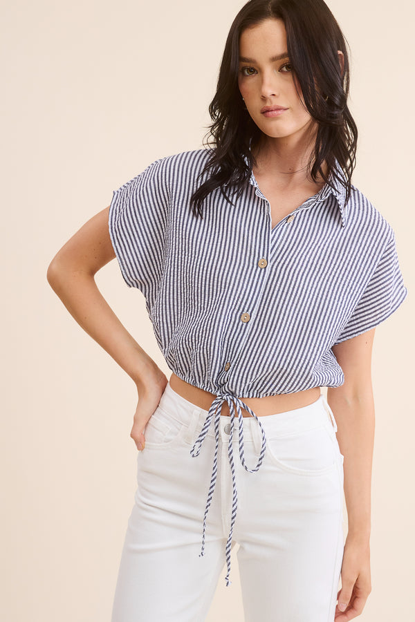 Cropped Navy Striped Button Down