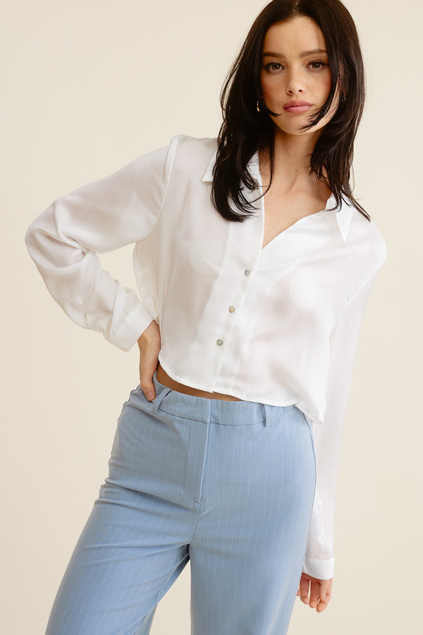 Cropped Silk Button Down Top