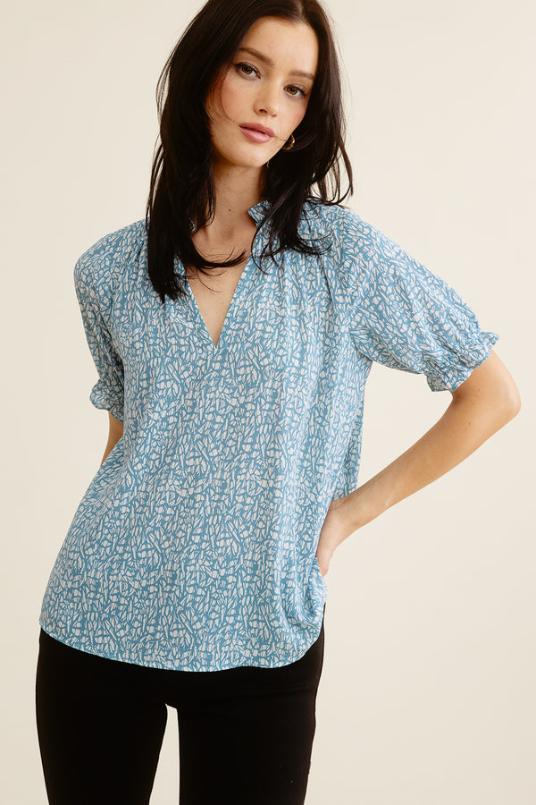Blue Patterned Puff Sleeve Blouse