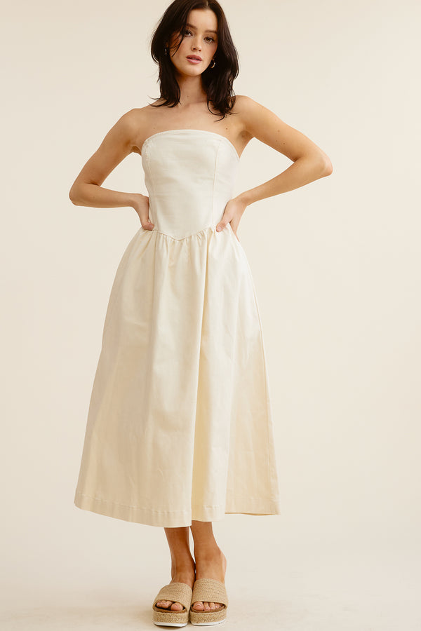 Cream Strapless Midi Dress